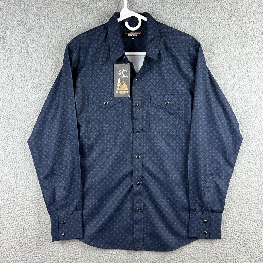 The American West Western‎ Pearl Snap Shirt Mens Medium Blue Diamond Geometric